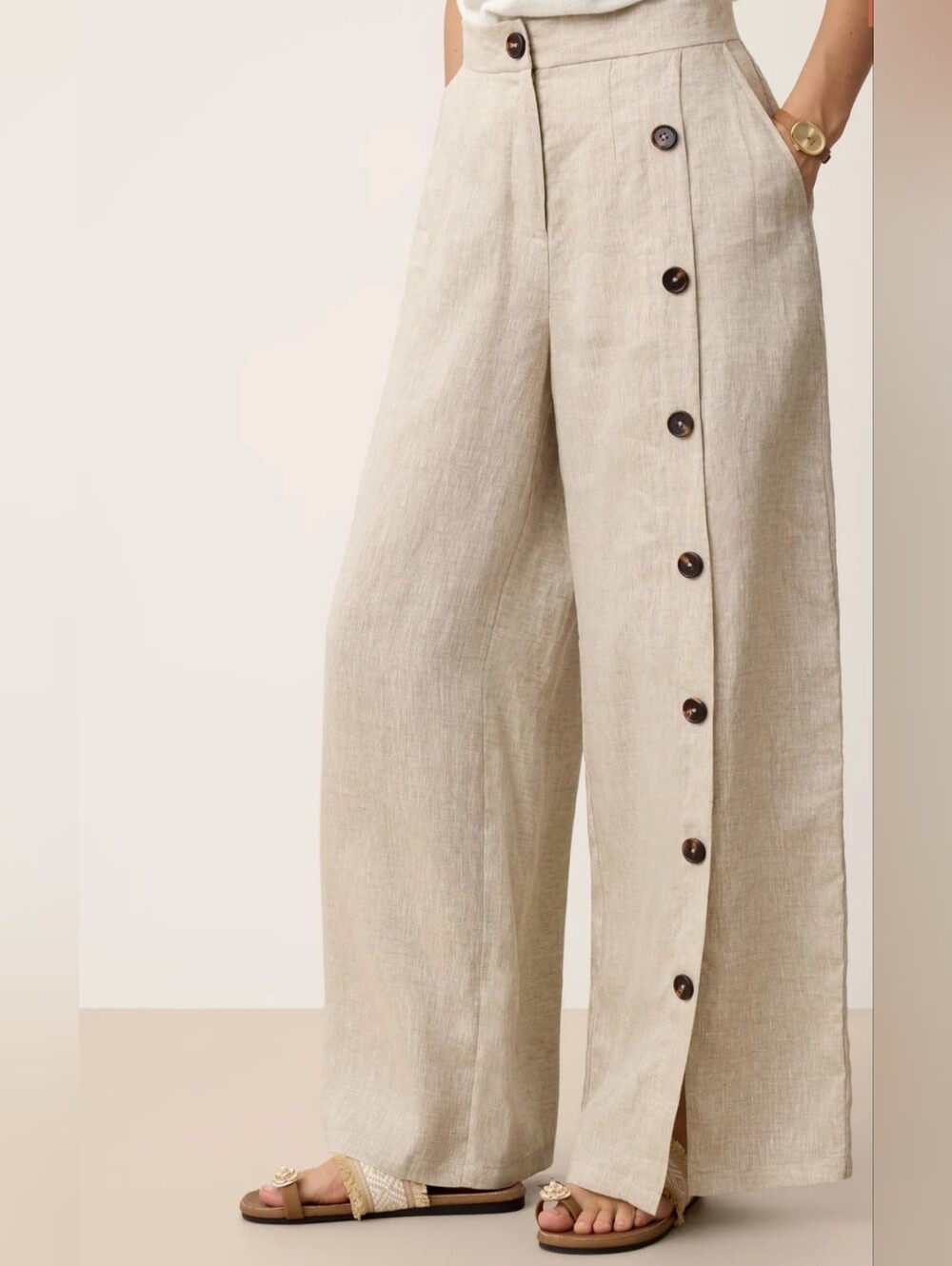 Lintico KATJA Linen Slit Hem Wide Leg Pants In Stone Oat Size XL